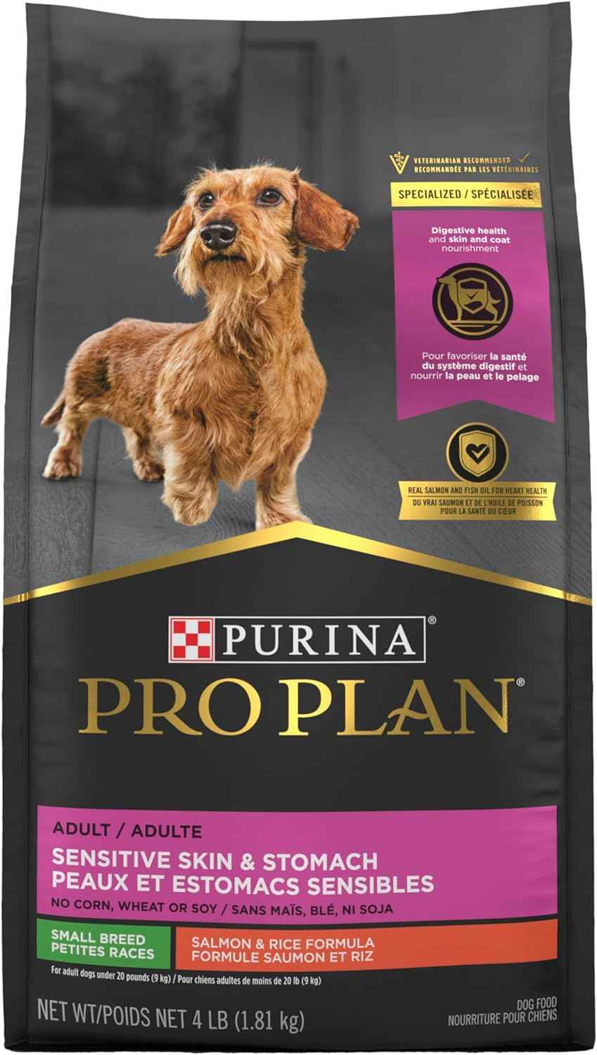 Purina Pro Plan Small Breed Sensitive Skin and Stomach Salmon Formula – Welcome Home Gift for New Small Dog Owners, 4 lb Bag