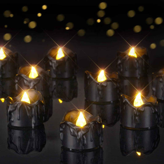 Homemory Flameless LED Tea Lights – Drip Style Black Halloween Candles, Smokeless & Fire-Safe for Homes with Kids and Pets