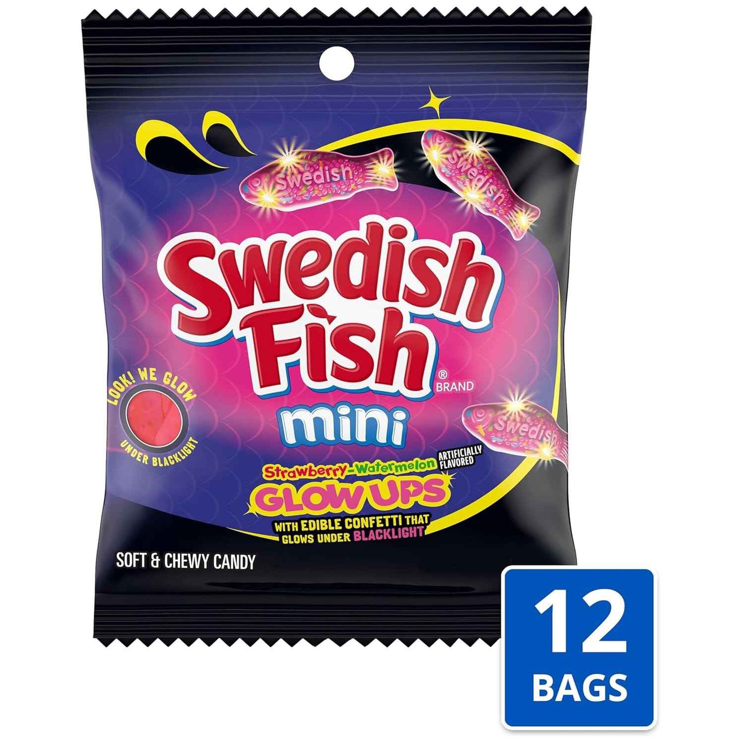 SWEDISH FISH Mini Glow Ups Gummy Candy – Kids Birthday Party Favor and Sleepover Snack, Bulk 12-Pack of 3.08 oz Glow-in-the-Dark Treat Bags