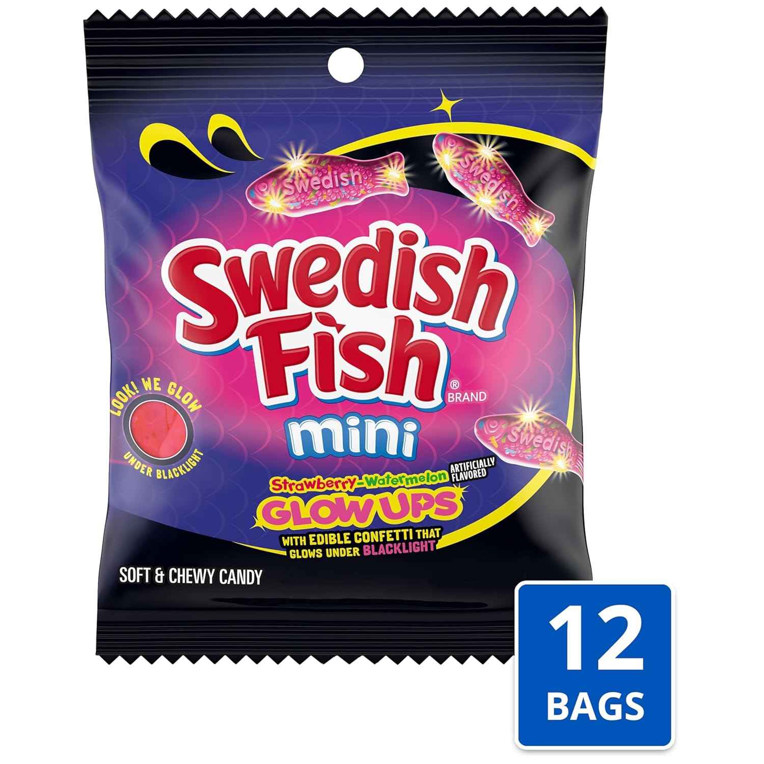 SWEDISH FISH Mini Glow Ups Gummy Candy – Kids Birthday Party Favor and Sleepover Snack, Bulk 12-Pack of 3.08 oz Glow-in-the-Dark Treat Bags