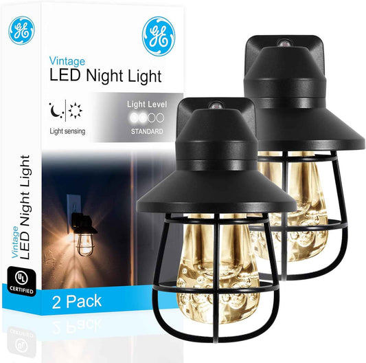 GE Vintage LED Night Light – Rustic Black Cage Plug-in for Farmhouse Living Room Décor, Dusk-to-Dawn Warm 2200K Glow