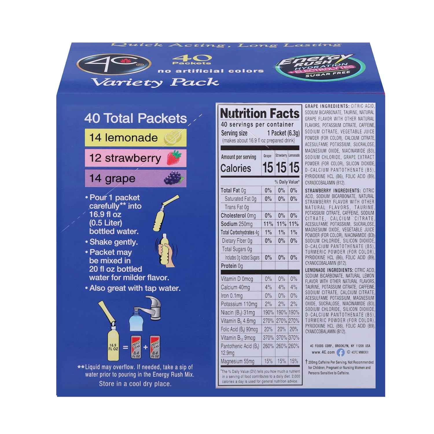 4C Energy Rush PSD Electrolyte Drink Mix Variety Pack – Midday Pick-Me-Up Sticks for Home Office and Work-from-Home Focus, 40 Count