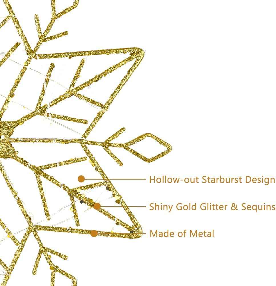 hogardeck 10-Inch Gold Glitter Snowflake Tree Topper – Vintage Inspired Living Room Christmas Centerpiece with 20 LED Lights