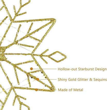 hogardeck 10-Inch Gold Glitter Snowflake Tree Topper – Vintage Inspired Living Room Christmas Centerpiece with 20 LED Lights
