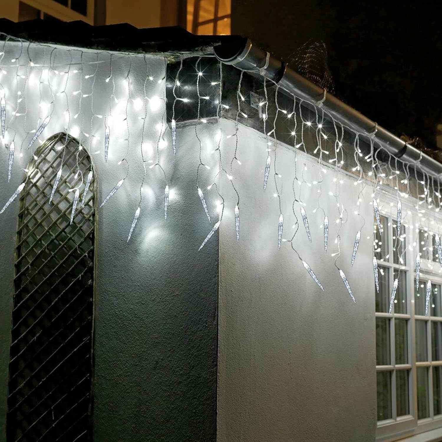 Ollny Waterproof Icicle Lights 29.5ft for Patio and Garden Eaves, 360 LED Connectable Outdoor String Lights for Holiday Parties