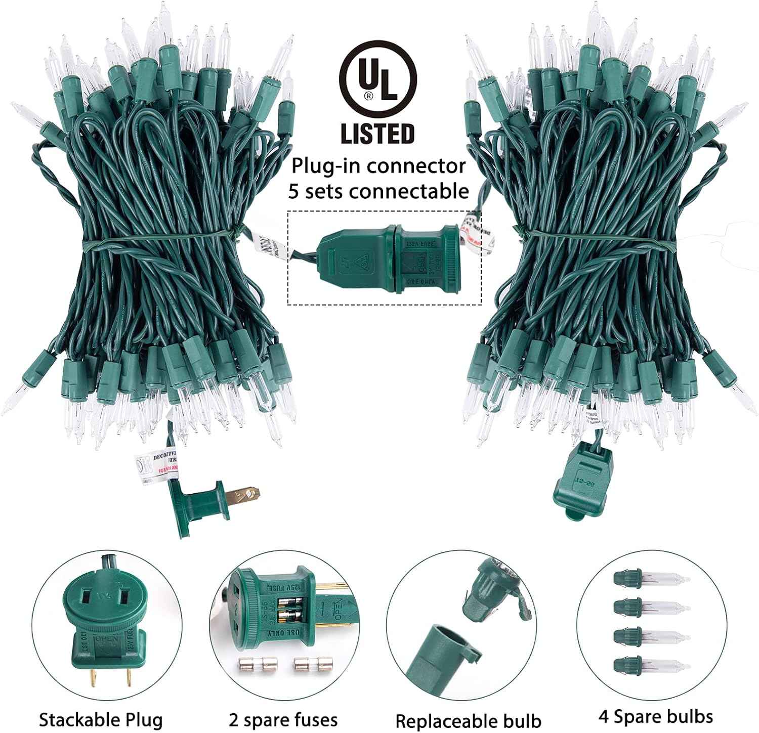 Minetom Cool-Touch String Lights 200 Count for Kids Bedroom and Playroom Wall, 51.7ft Green Wire