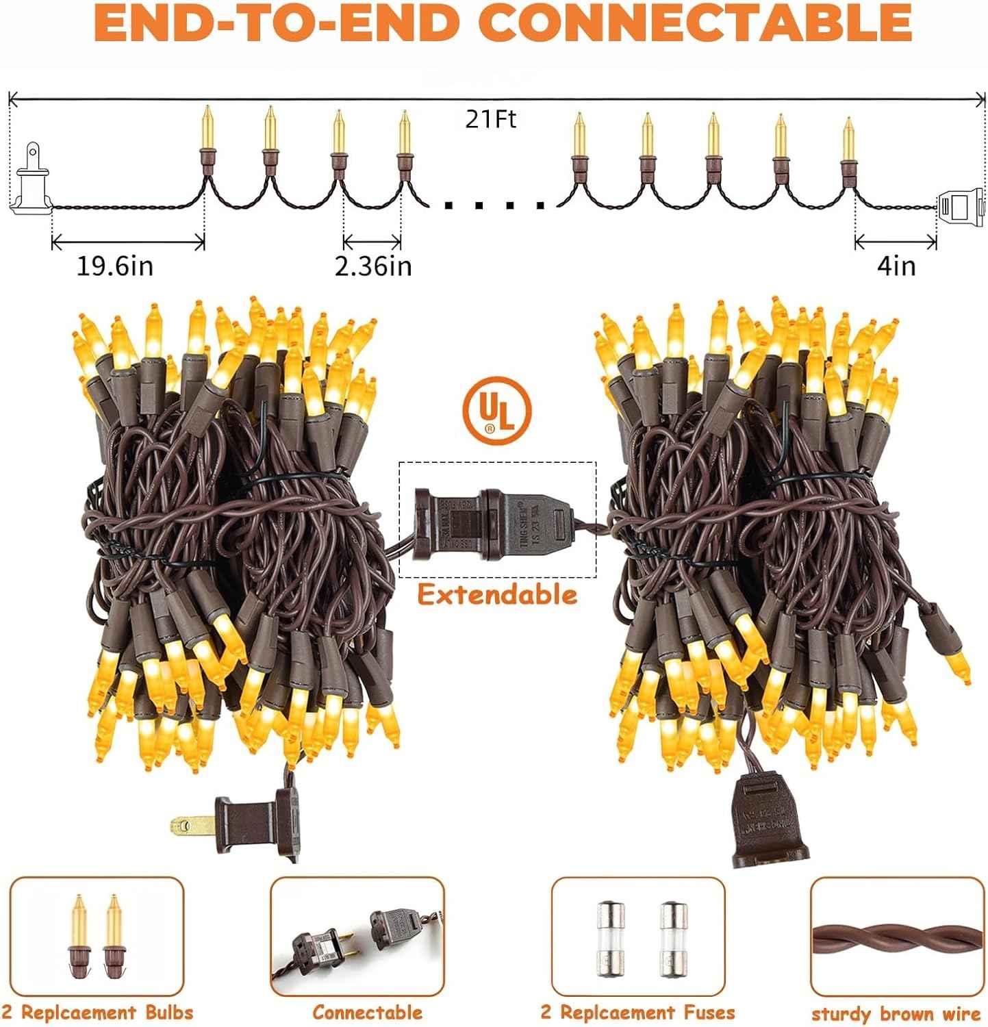LumDecor Fall String Lights – Patio and Camping String Lights with Brown Wire, 21 ft Connectable Orange Halloween Lights for Outdoor Yard
