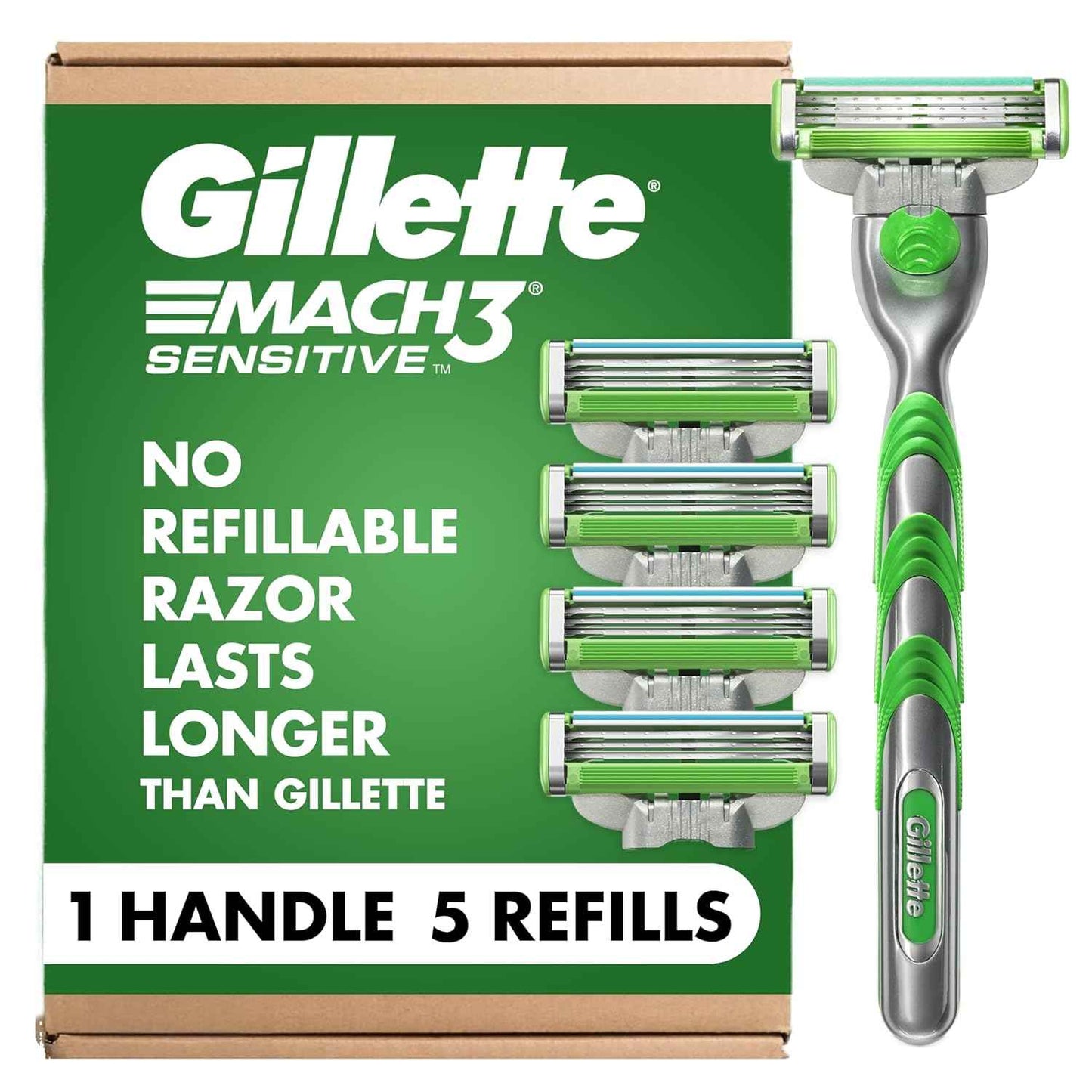 Gillette Mach3 Sensitive Razor – Thoughtful Birthday Gift for Dad with Sensitive Skin, 1 Handle and 5 Blade Refills