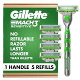Gillette Mach3 Sensitive Razor – Thoughtful Birthday Gift for Dad with Sensitive Skin, 1 Handle and 5 Blade Refills