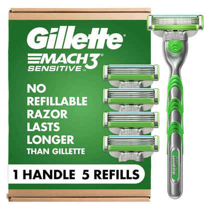 Gillette Mach3 Sensitive Razor – Thoughtful Birthday Gift for Dad with Sensitive Skin, 1 Handle and 5 Blade Refills