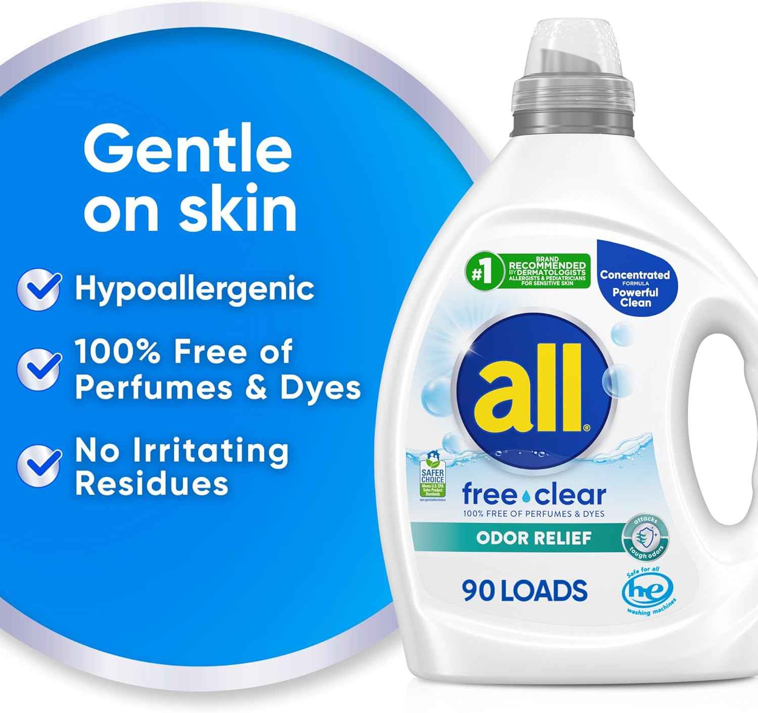 all Laundry Detergent Liquid Free Clear for Sensitive Skin – Eczema-Friendly Wash for Mindful Self-Care Routines, Unscented 90 Loads