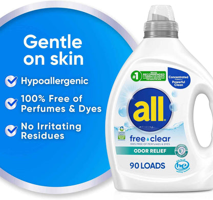 all Laundry Detergent Liquid Free Clear for Sensitive Skin – Eczema-Friendly Wash for Mindful Self-Care Routines, Unscented 90 Loads