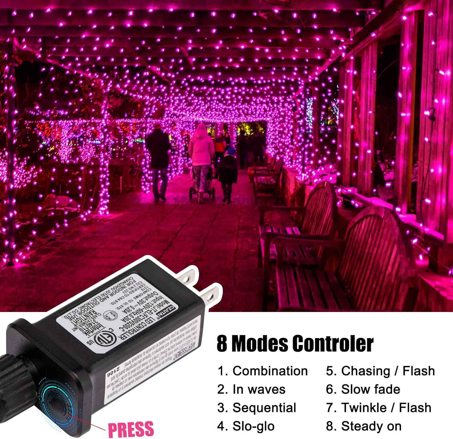 Minetom Pink String Lights – Patio and Pergola Decor, Waterproof 39ft 100 LED Outdoor Lights with Remote