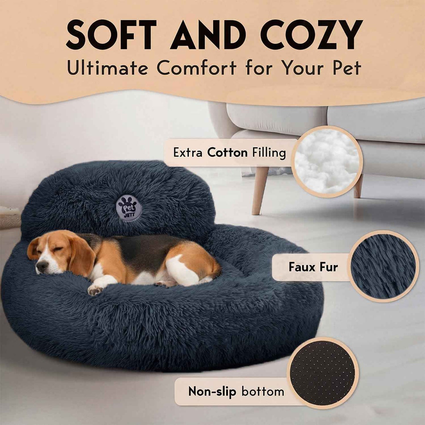 PetJett Calming Donut Dog Bed Medium – Faux Fur Round Pet Bed in Dark Grey, Modern Living Room & Bedroom Decor Accent