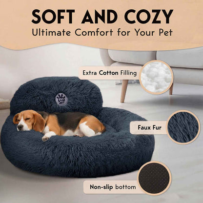 PetJett Calming Donut Dog Bed Medium – Faux Fur Round Pet Bed in Dark Grey, Modern Living Room & Bedroom Decor Accent