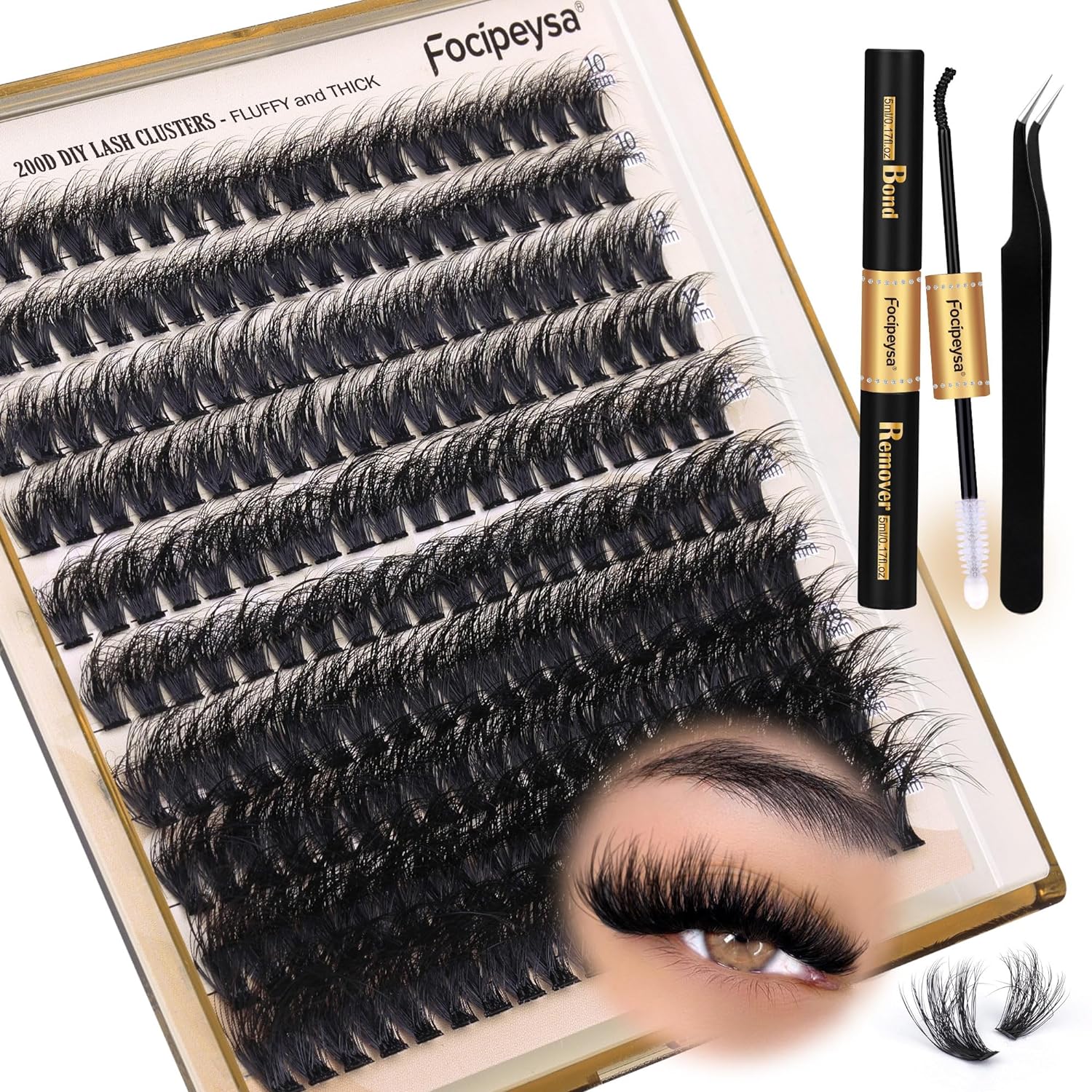 Focipeysa_Lash_Extension_Kit_Thick_Eyelash_Extension_Kit_10-18mm_Fluffy_Lash_Clusters_200D_Individual_Eyelashes_Kit_with_Lash_Bond,_Lash_Remover,_Lash_Applicator,_DIY_Lashes_Extension_Makeup_Cosmetic_Eyelashes_Extensions
