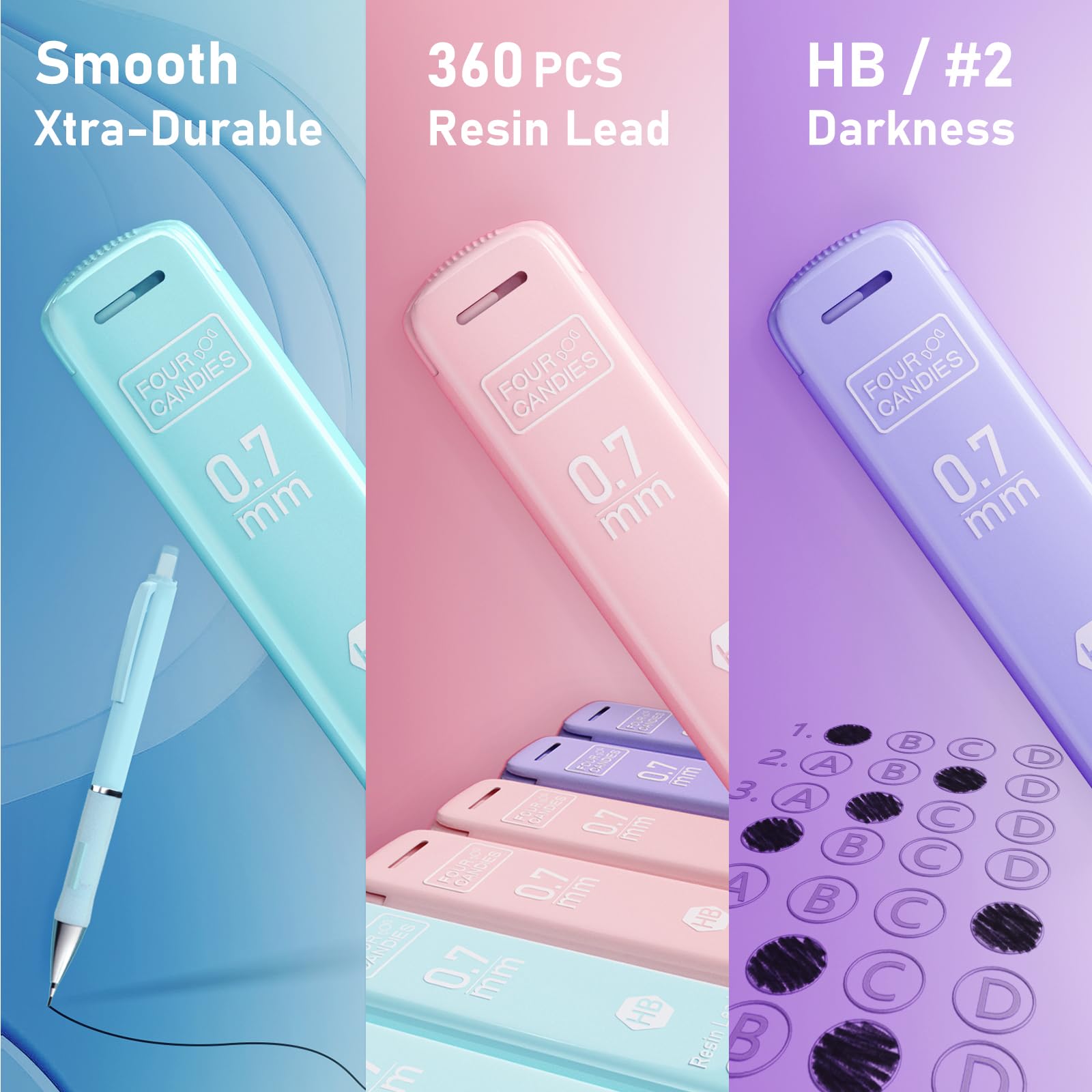 Four_Candies_Pastel_Mechanical_Pencil_Set_-_3PCS_0.7mm_Mechanical_Pencils_with_360PCS_HB_Lead_Refills,_3PCS_Erasers_and_9PCS_Eraser_Refills,_Cute_Pencils_for_School_Drawing_&_Writing