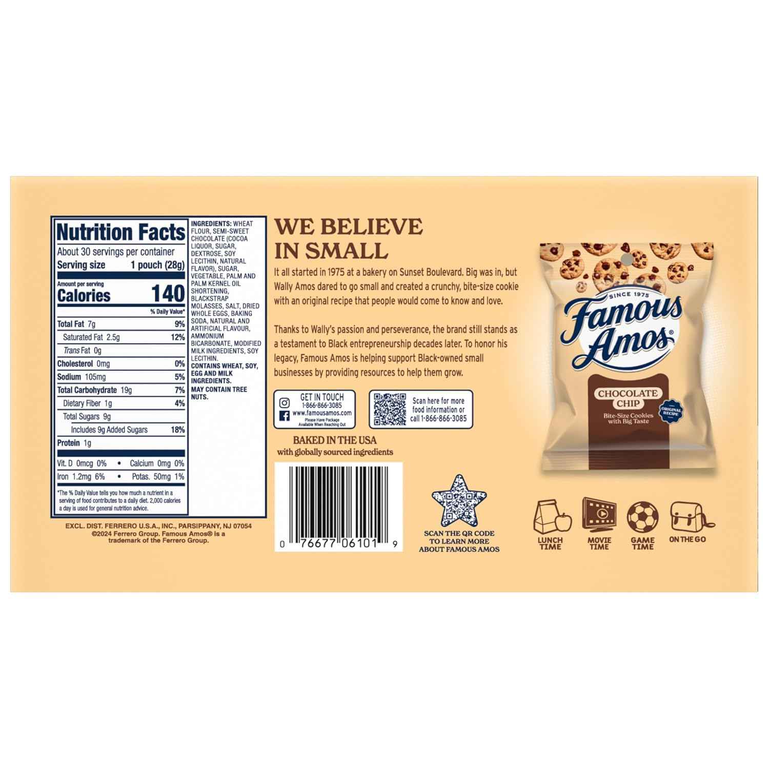 Famous Amos Original Recipe Chocolate Chip Bite-Size Cookies, 30-Count Individually Wrapped Snack Packs for School Lunchboxes