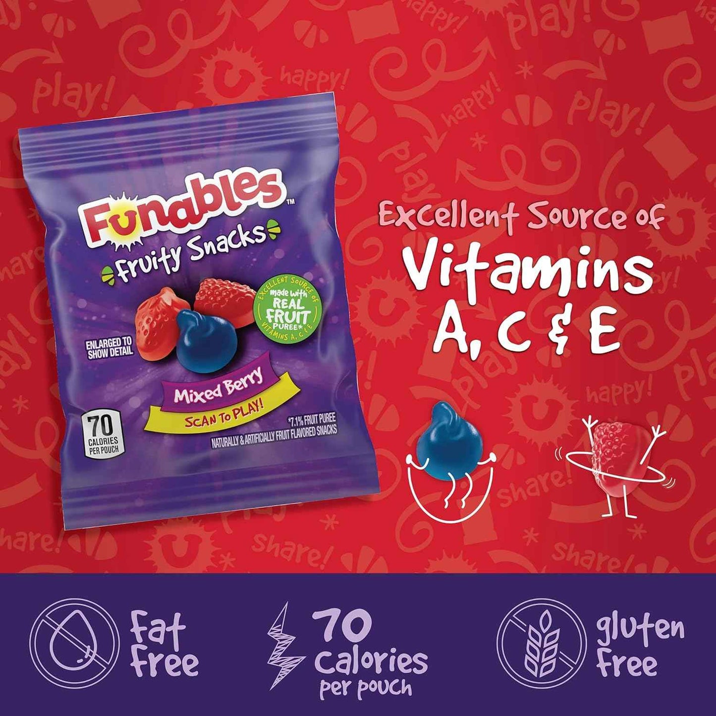 Funables Fruity Snacks Mixed Berry Pouches, Back-to-School Lunchbox Snack for Kids and Tweens, Bulk 22-Count Box