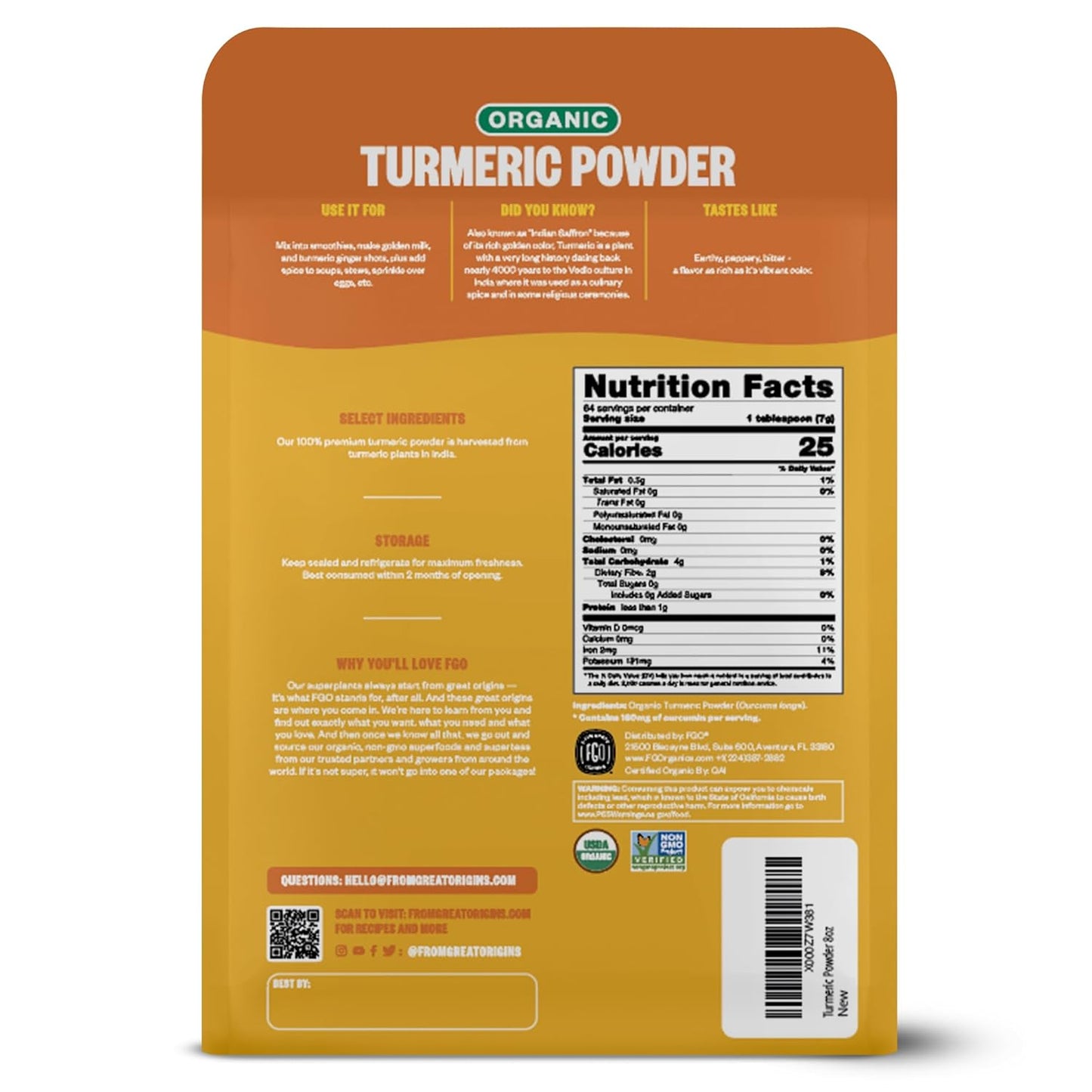FGO Organic Turmeric Powder – Daily Wellness Ritual Spice for Golden Milk & Smoothies, 8oz Pouch