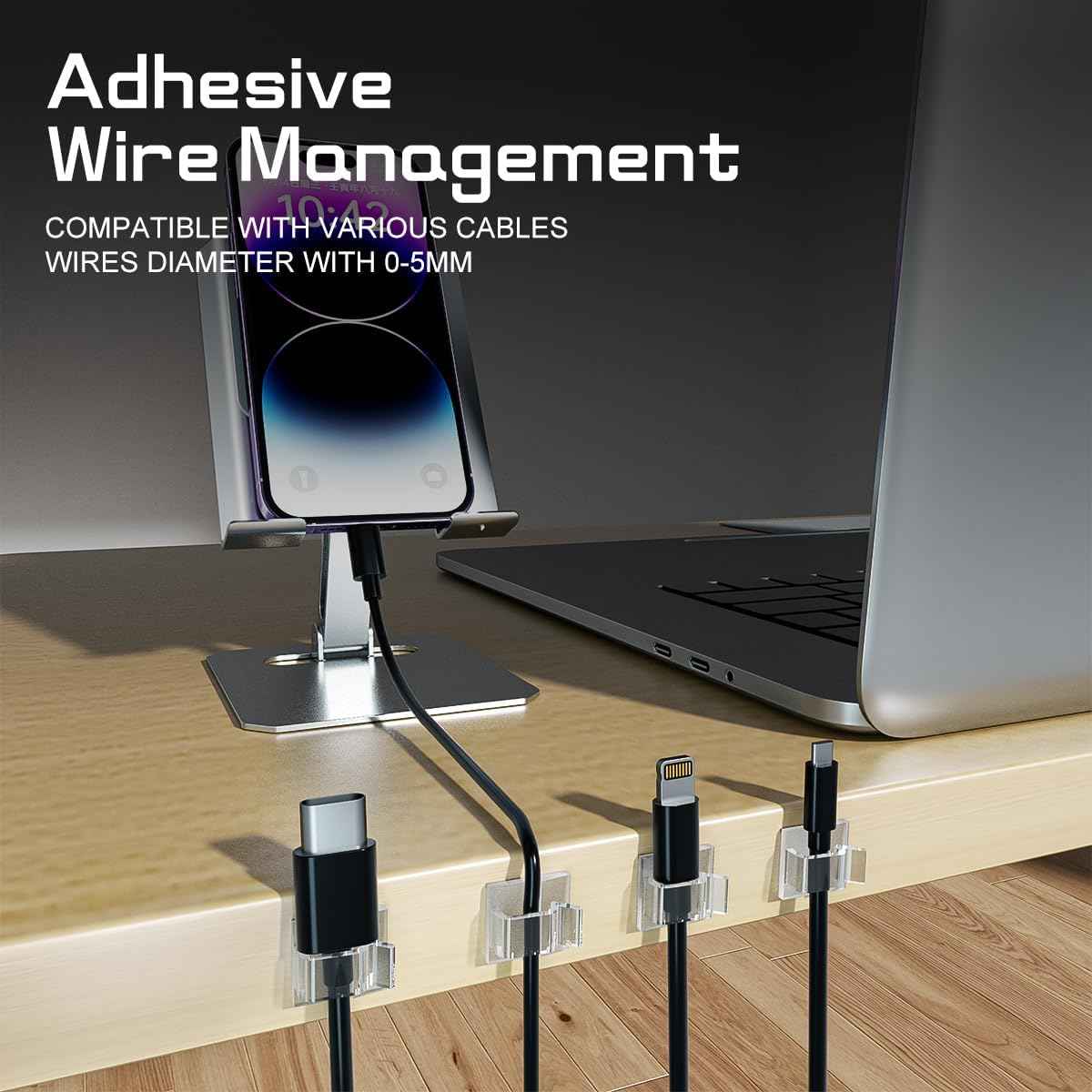 HOLIDAYOWL Home Office Cable Clips for Desk Setup, Clear Adhesive Hooks for USB HDMI and Ethernet Cord Management