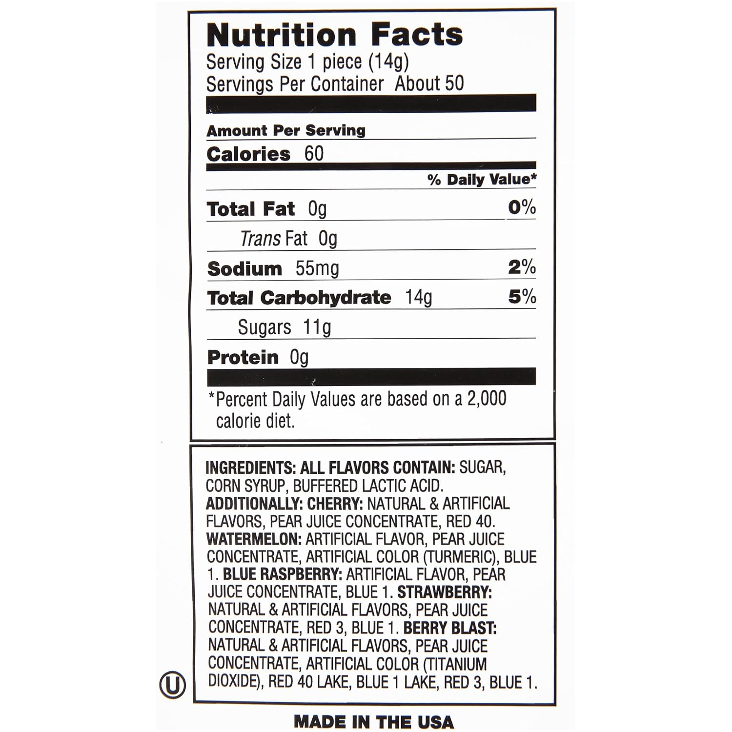 five assorted fruity flavors: strawberry, blue raspberry, watermelon, berry blast, cherry