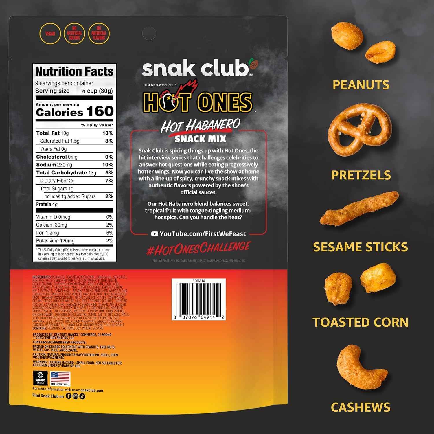 Snak Club x Hot Ones Hot Habanero Snack Mix – Portable Road Trip Snack with Protein and Crunch, No Refrigeration Needed, 10 oz Bag