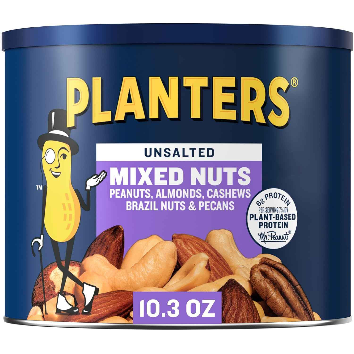 PLANTERS Mixed Nuts Unsalted – Lunchbox-Friendly Plant Protein Snack for School and Playdates, 10.3 oz Resealable Canister