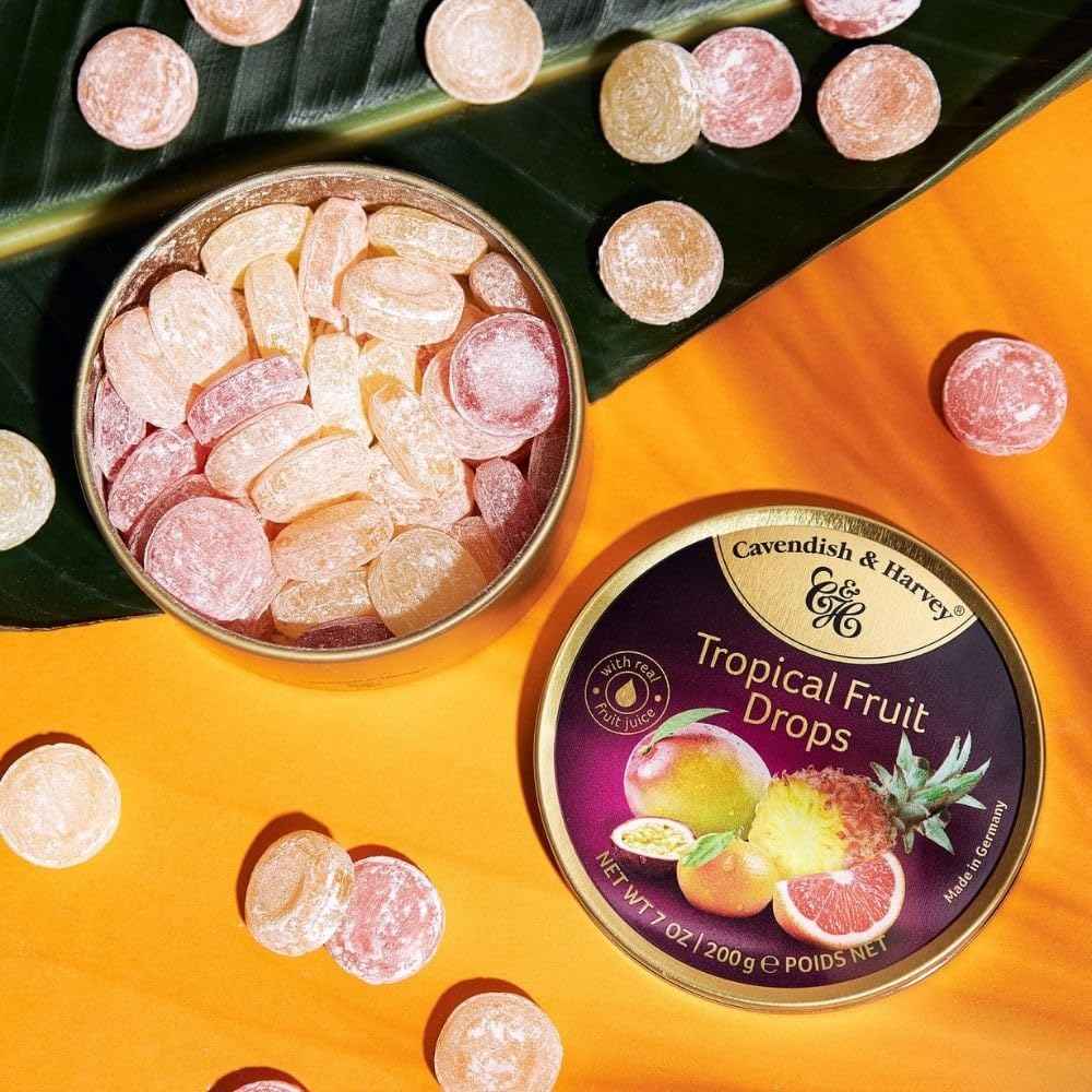 Cavendish & Harvey Tropical Fruit Hard Candy Drops – Long-Lasting Tropical Escape for Quiet Evenings and Tea Time, 7 Oz