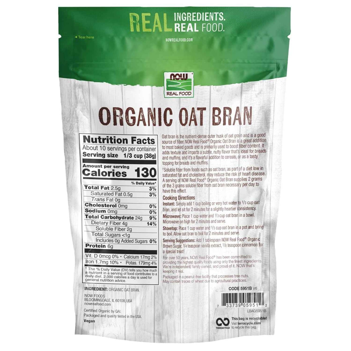 NOW Foods Organic Oat Bran – Single-Ingredient Pantry Staple for Clutter-Free Kitchens, 14 oz
