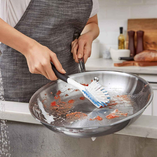 OXO Good Grips Dish Brush – Galley Kitchen Cleanup Essential for Daily Meal Prep, Nylon Bristle Scrubber with Built-In Scraper