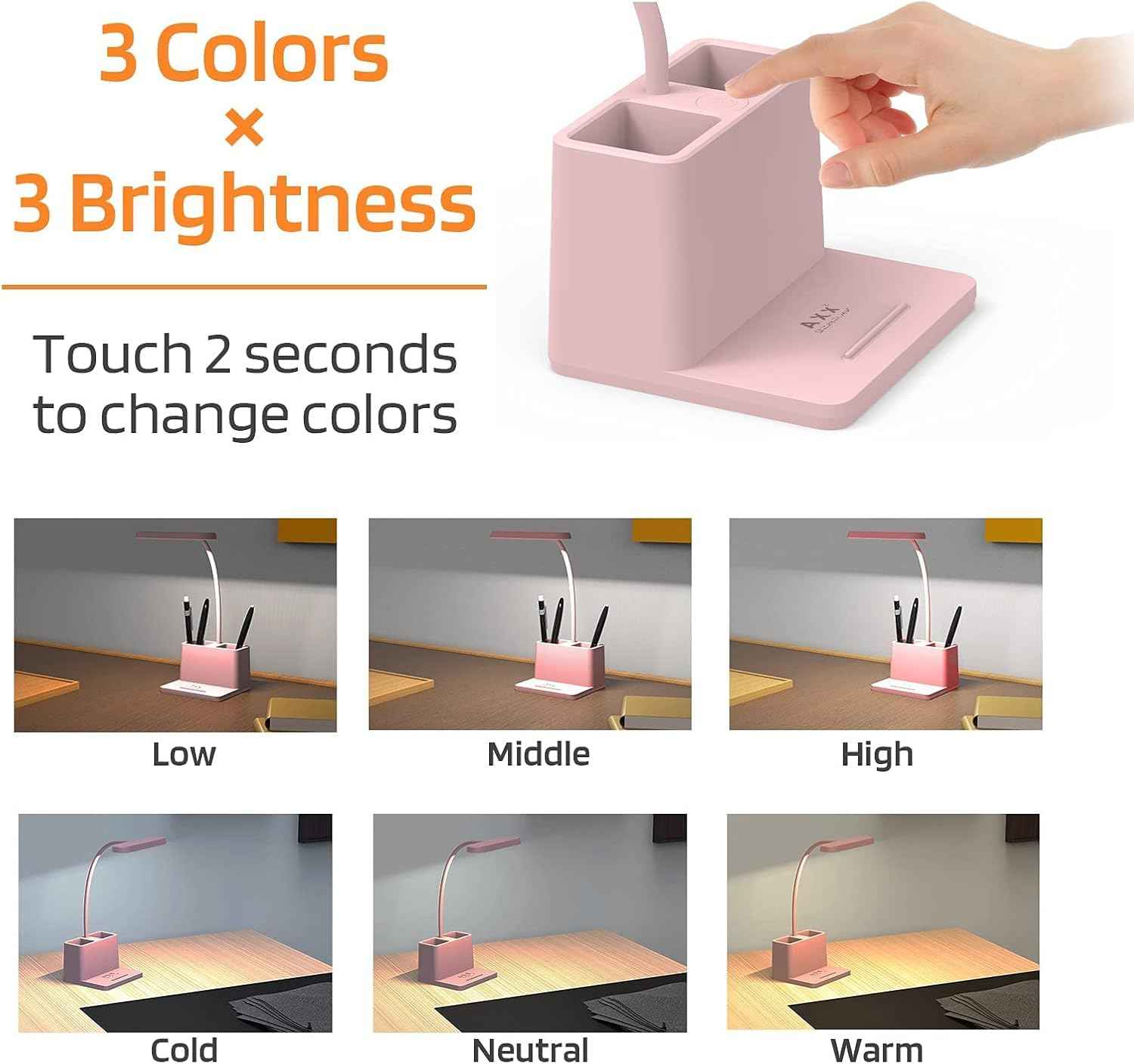 AXX Cute Desk Lamp Pink – Cozy Valentine's Day Gift for Women, Rechargeable Gooseneck Light for Bedroom and Dorm