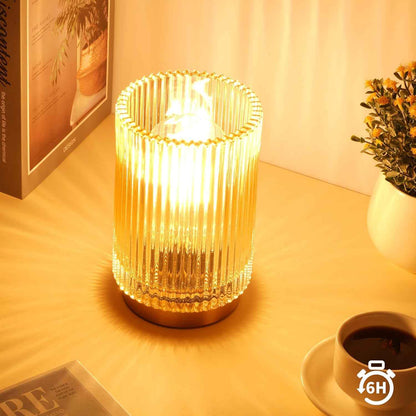 Decorative Fluted Glass Bedside Lamp with Warm LED Glow for Mantels, Bookshelves, and Console Tables