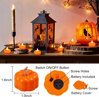 Pumpkin Glow LED Tea Lights – Cozy Living Room Fall Centerpiece, Flickering Amber Accent for Mantel and Bookshelf Styling