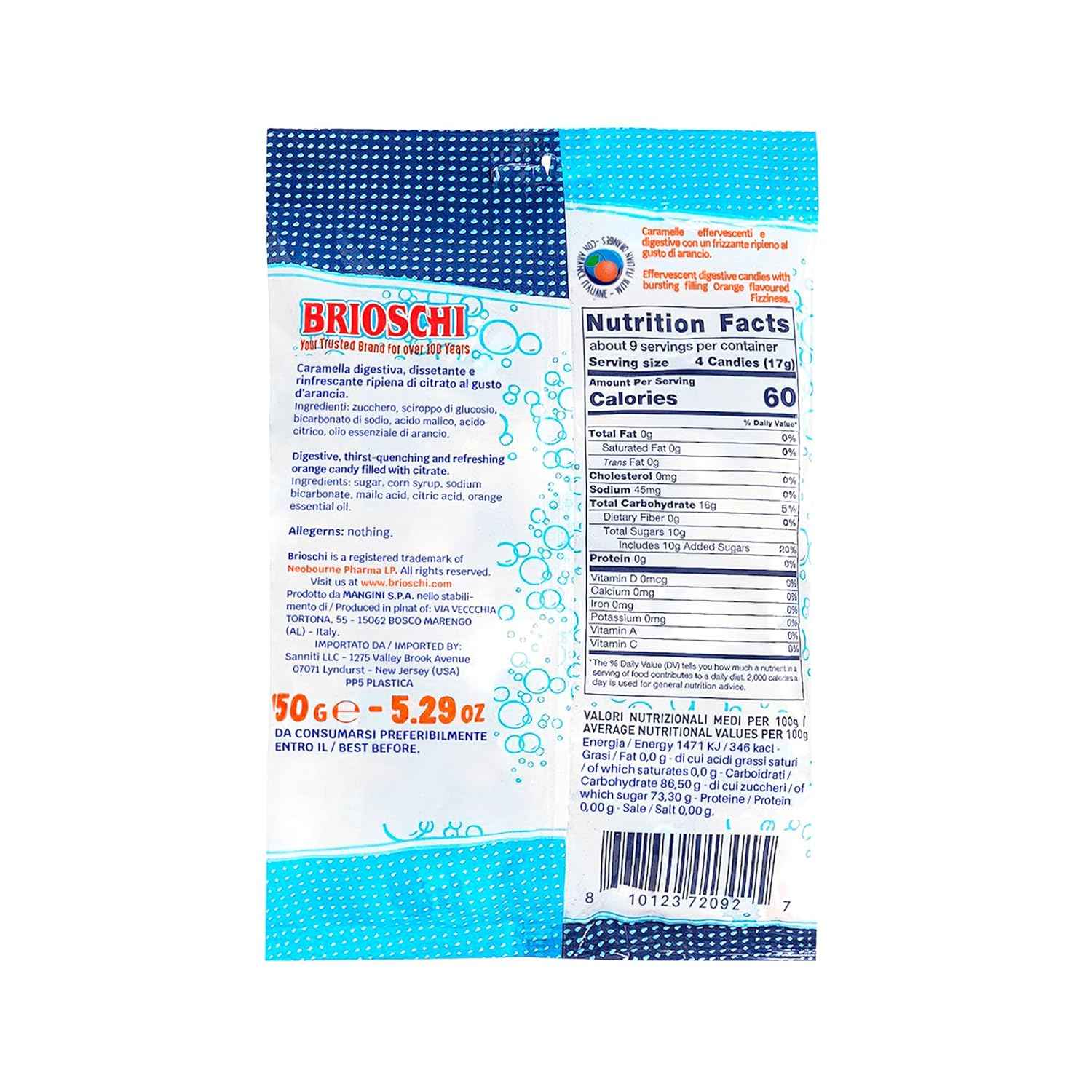 Brioschi Effervescent Orange Italian Candy – Citrate and Lemon Juice Digestive Support for Pregnancy and Morning Sickness