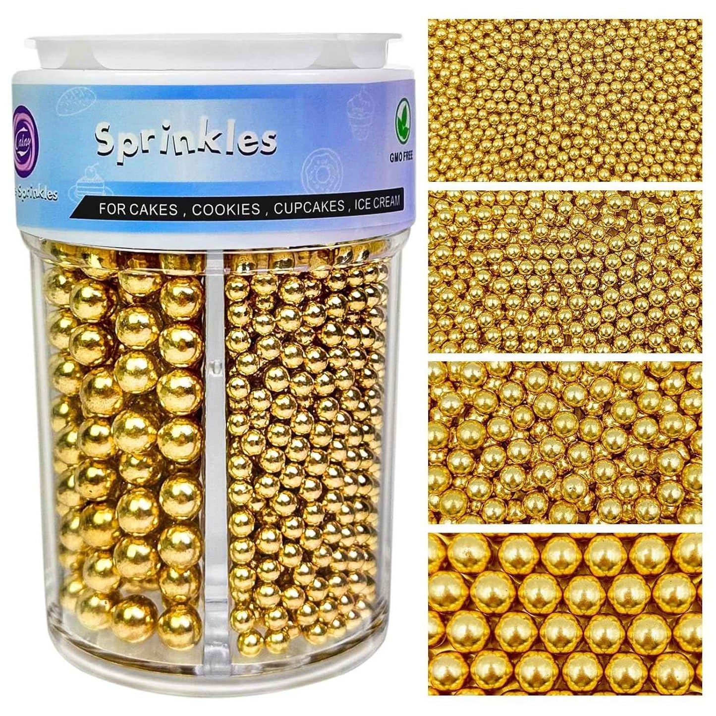 Gold Sprinkles for Cake Decorating – 4 Sizes Pearl Mix, Premium Edible Toppings for Wedding and Anniversary Cakes