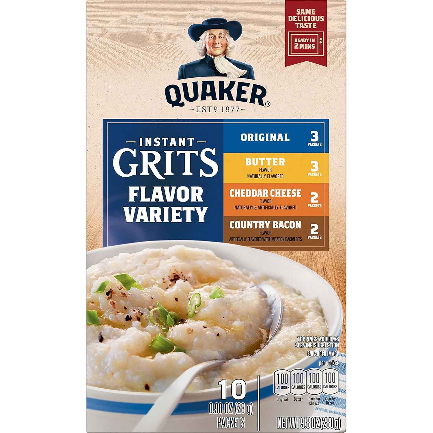 Quaker Instant Grits Variety Pack – Shelf-Stable Camp Breakfast with Just Hot Water, 10 Single-Serve Packets