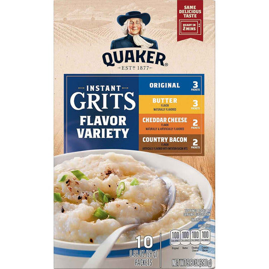 Quaker Instant Grits Variety Pack – Shelf-Stable Camp Breakfast with Just Hot Water, 10 Single-Serve Packets