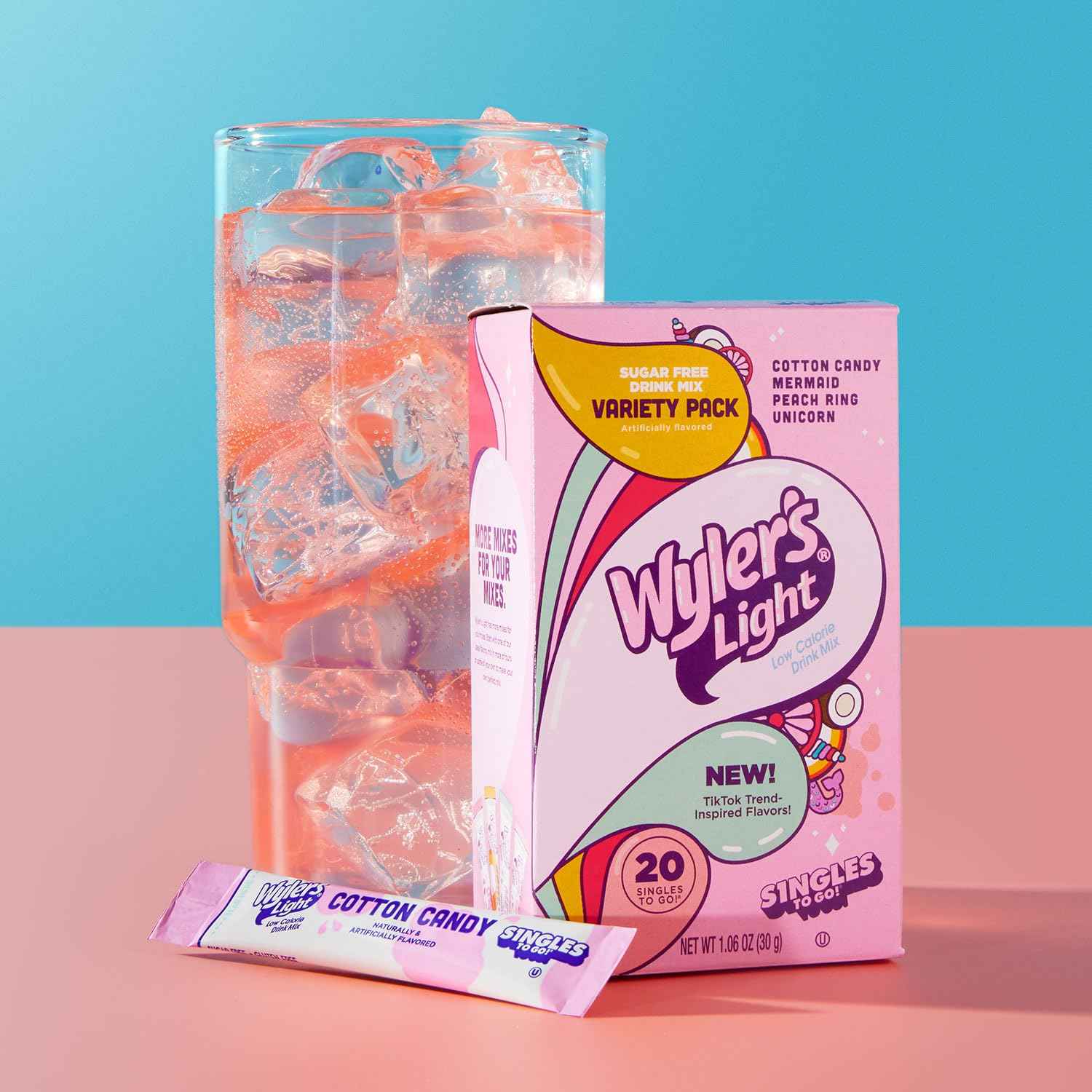 Wyler's Light Singles to Go Powder Drink Mix – Safe Sugar-Free Flavor Packets for Picky Kids and Teens, Cotton Candy Unicorn Mermaid Peach Ring