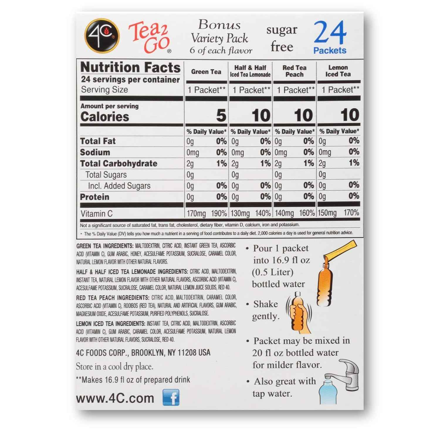 4C Iced Tea Powder Variety – Thoughtful Health-Conscious Gift for Her, 24 Sugar-Free Singles with Vitamin C