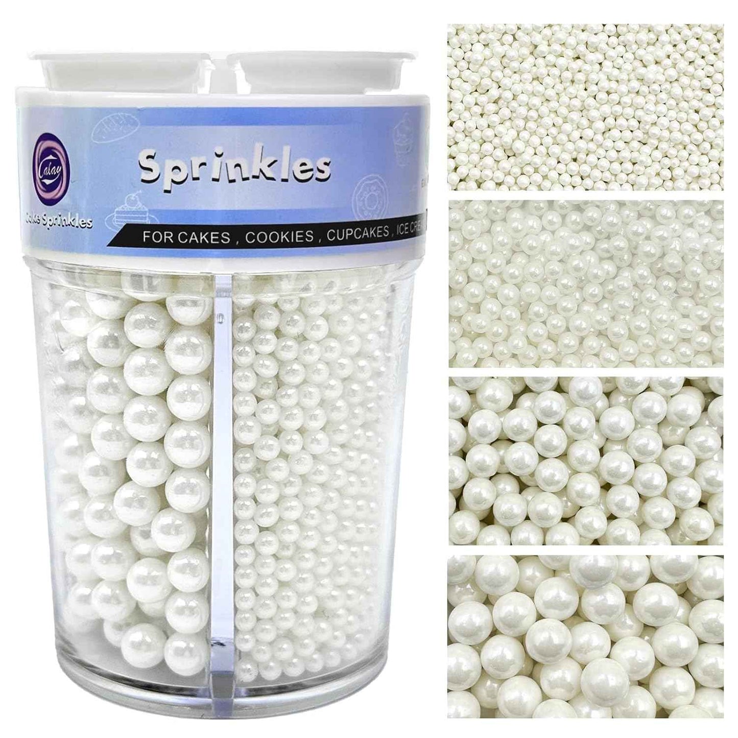 Sprinkles for Cake Decorating White Pearl Sprinkles 4 Sizes Mix for Wedding Cake Bridal Shower Elegant Dessert Toppings