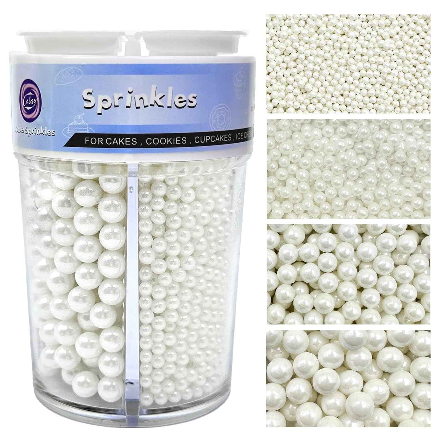 Sprinkles for Cake Decorating White Pearl Sprinkles 4 Sizes Mix for Wedding Cake Bridal Shower Elegant Dessert Toppings