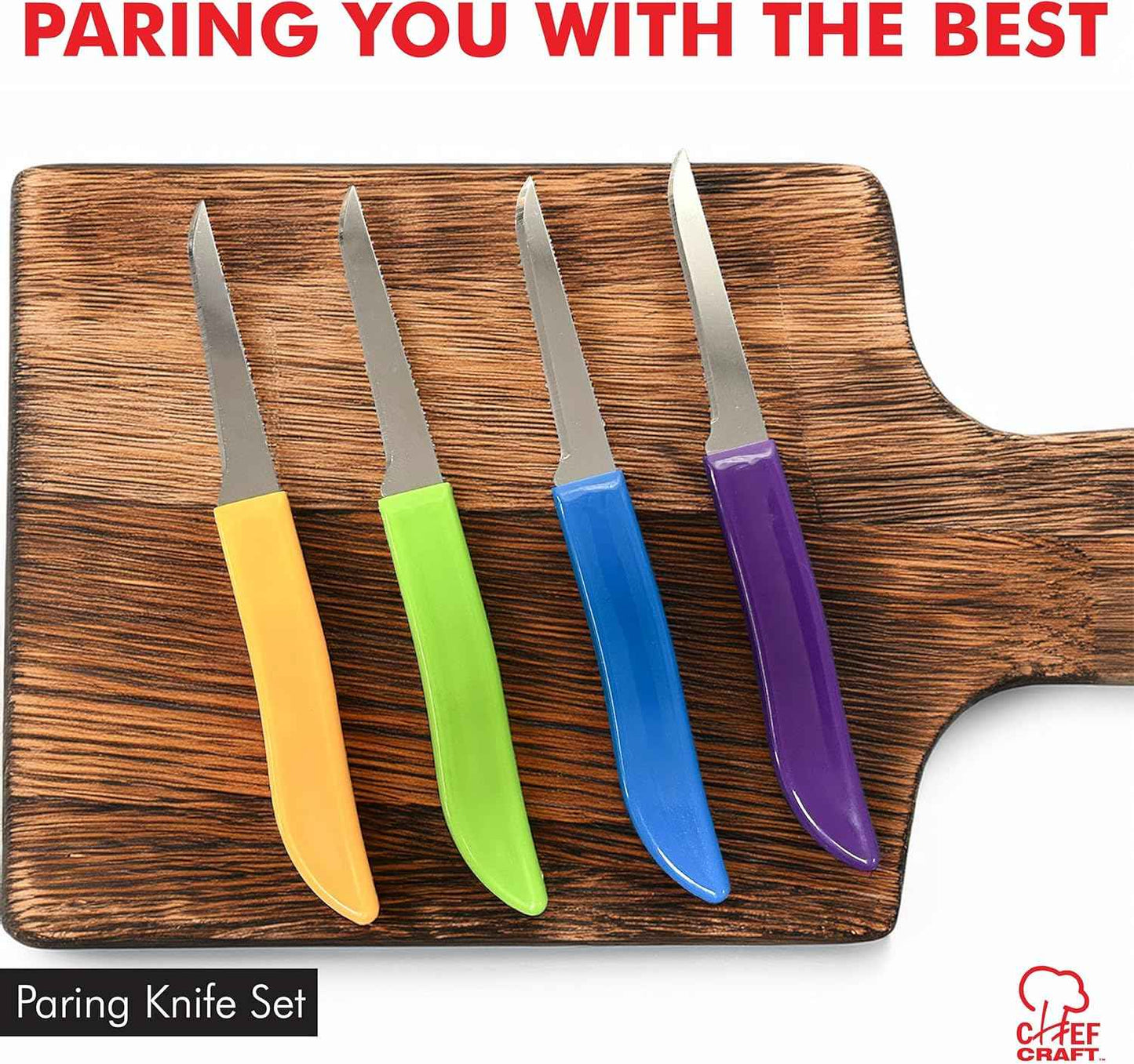 Chef Craft Select Paring Knife Set 4 Piece, Thoughtful Housewarming Gift for New Homeowners, Color Coded Precision Knives for Kitchen