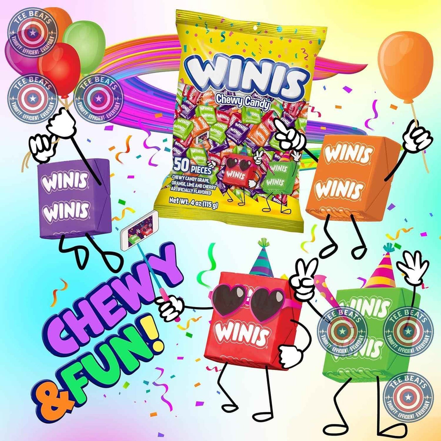 Winis Assorted Chewy Taffy Bag – Soft Individually Wrapped Candy Safe for Nursery Playdates and Toddler Snack Bowls, 50 Piece Variety