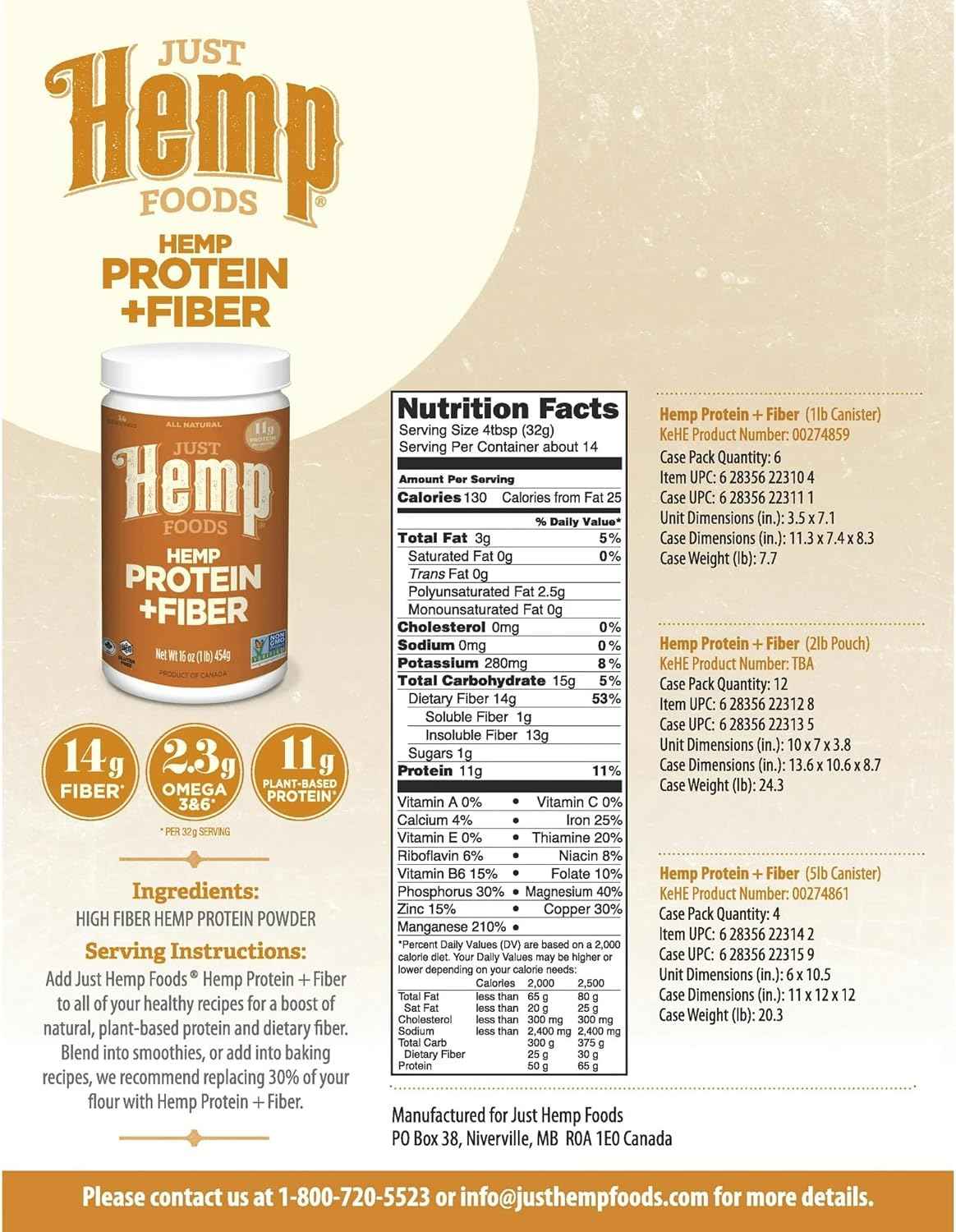 Just Hemp Foods Hemp Protein Powder Plus Fiber – Daily Plant Protein for Morning Self-Care Routines, 16 oz