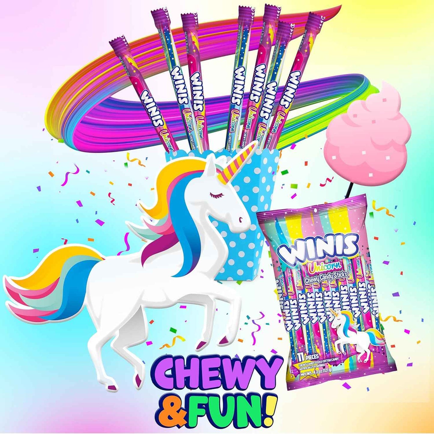Winis Unicorn Cotton Candy Chewy Candy Sticks – Parent-Approved Taffy Treat for School Parties, Birthday Goody Bags, and After-School Snacking | 11 Individually Wrapped Pieces, Nut Free
