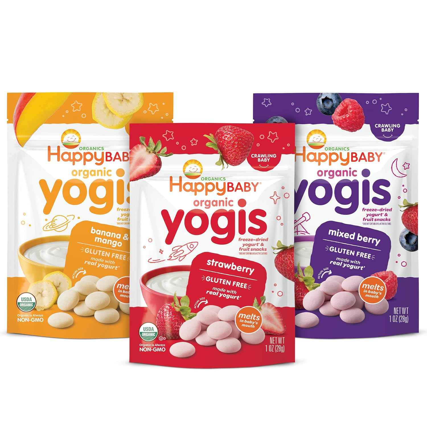 Happy Baby Organics Yogis – USDA Organic Freeze-Dried Yogurt Snack for Clean-Label Families, 1 oz Variety Pack