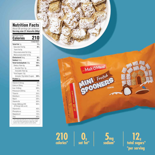 Malt-O-Meal Frosted Mini Spooners Shredded Wheat Cereal, 60 oz Single Bulk Bag – Simple, Resealable Pantry Staple for a Clean Breakfast Counter