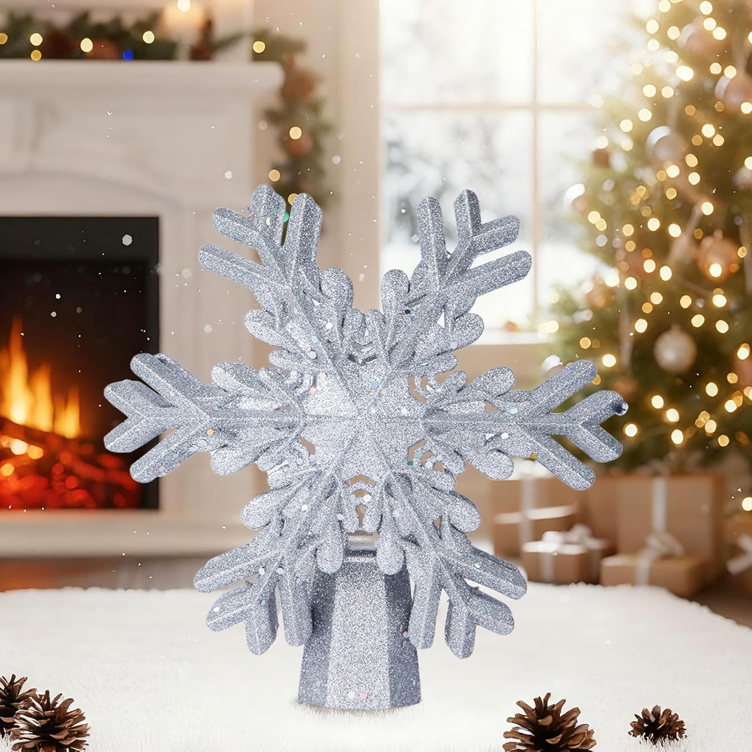 FrostyGlow Lighted Snowflake Topper – Cozy Aesthetic for Holiday Interiors, 3D Glitter Design with Wall and Ceiling Projection