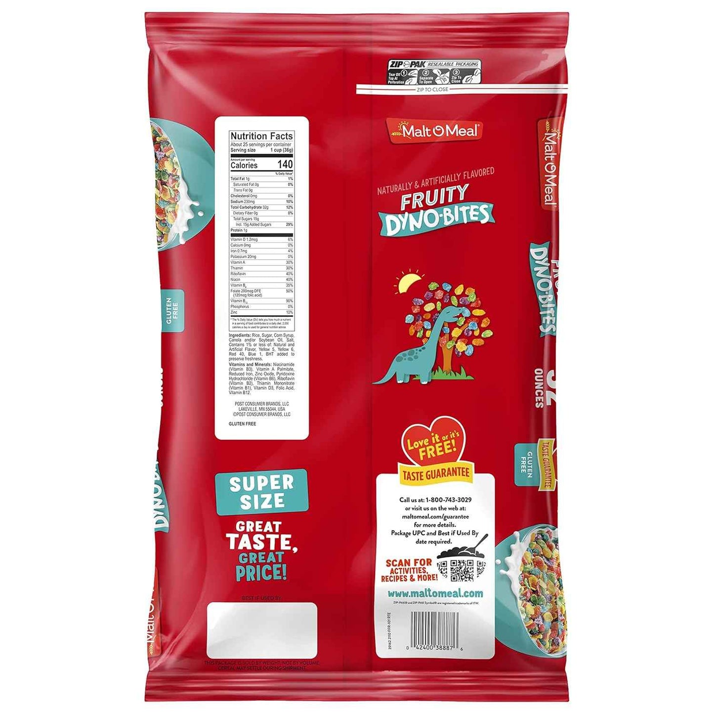 Malt-O-Meal Fruity Dyno Bites Cereal, Streamlined Gluten Free Pantry Cereal for Clutter Free Kitchens, 32 OZ Resealable Bag